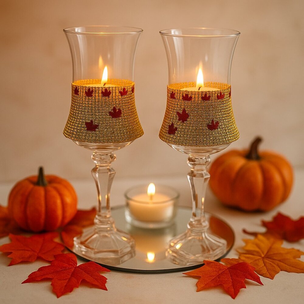 Fall-Themed Gold & Maple Leaf Crystal Candle Holders – Set of 2 Elegant Holiday